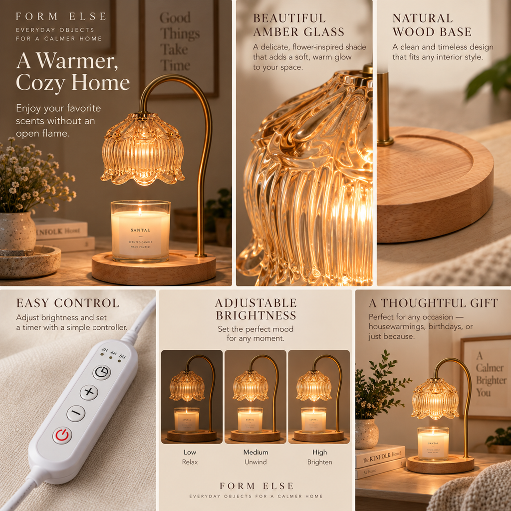 Amber glass candle warmer lamp close-up and lifestyle collage