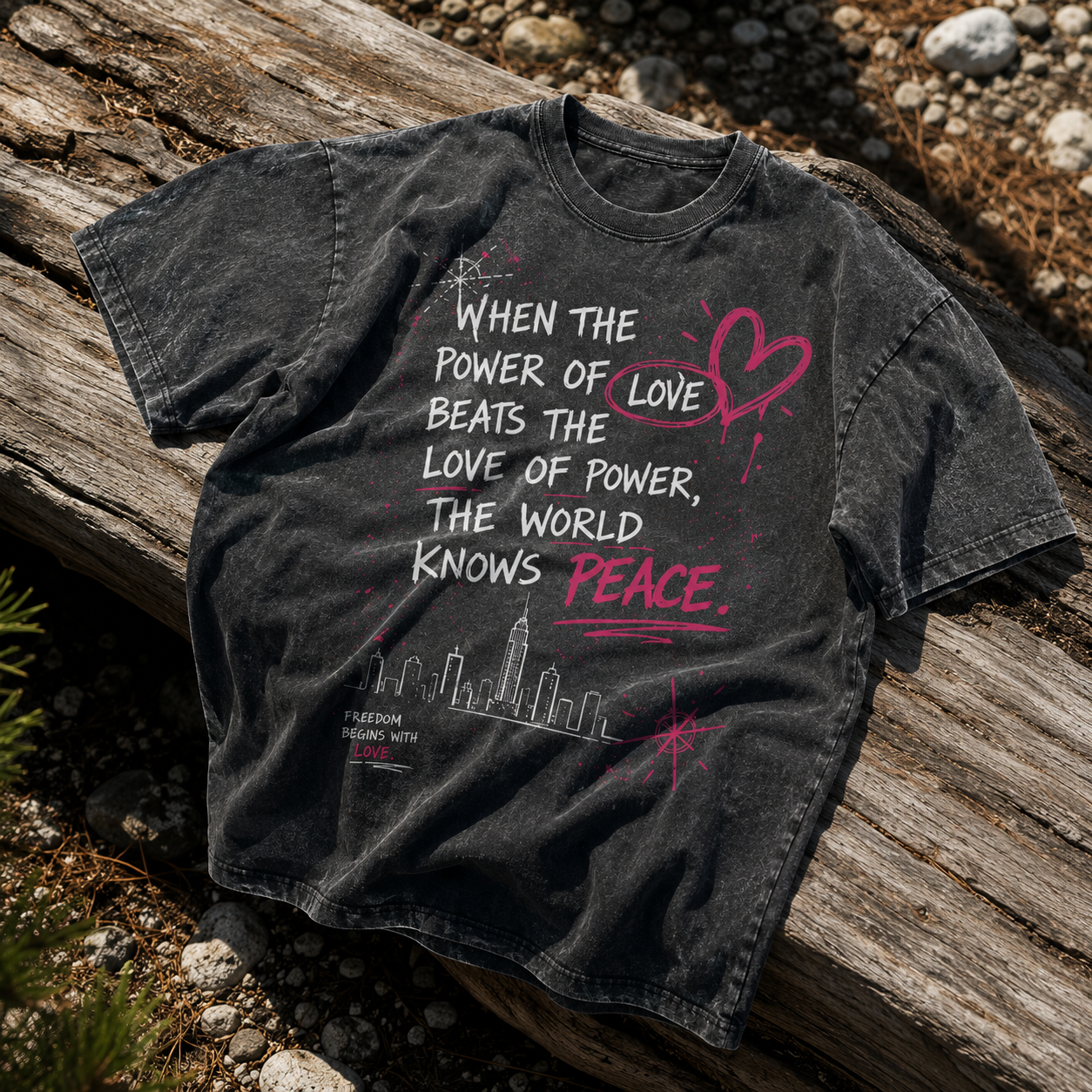 Vintage snow washed oversized heavyweight cotton graphic t-shirt with peace quote, black acid wash streetwear tee laid on rustic wood, unisex premium oversized fit