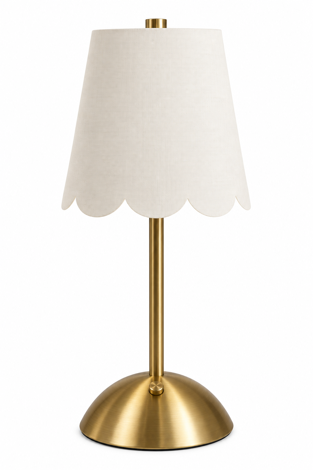 Cordless brass table lamp with cream scalloped shade