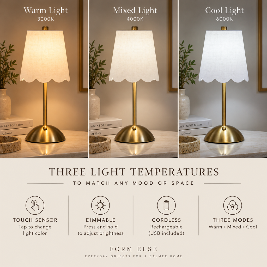 Cordless brass table lamp showing warm mixed and cool light modes