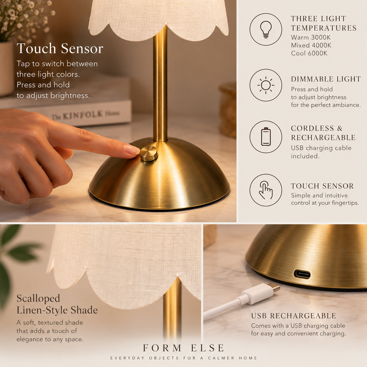 Close-up features of cordless brass lamp including touch control shade and charging