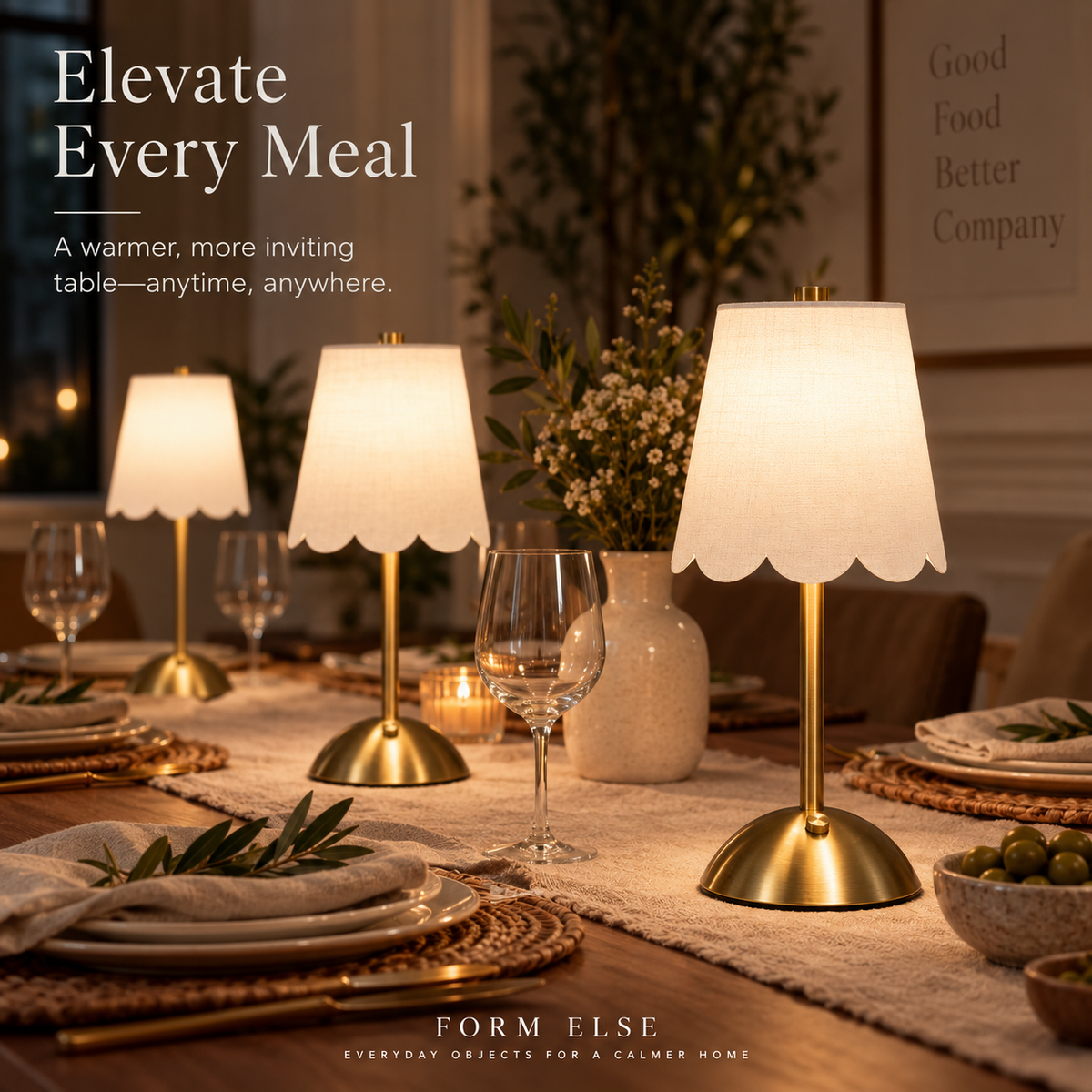 Cordless brass table lamps creating warm dining ambience