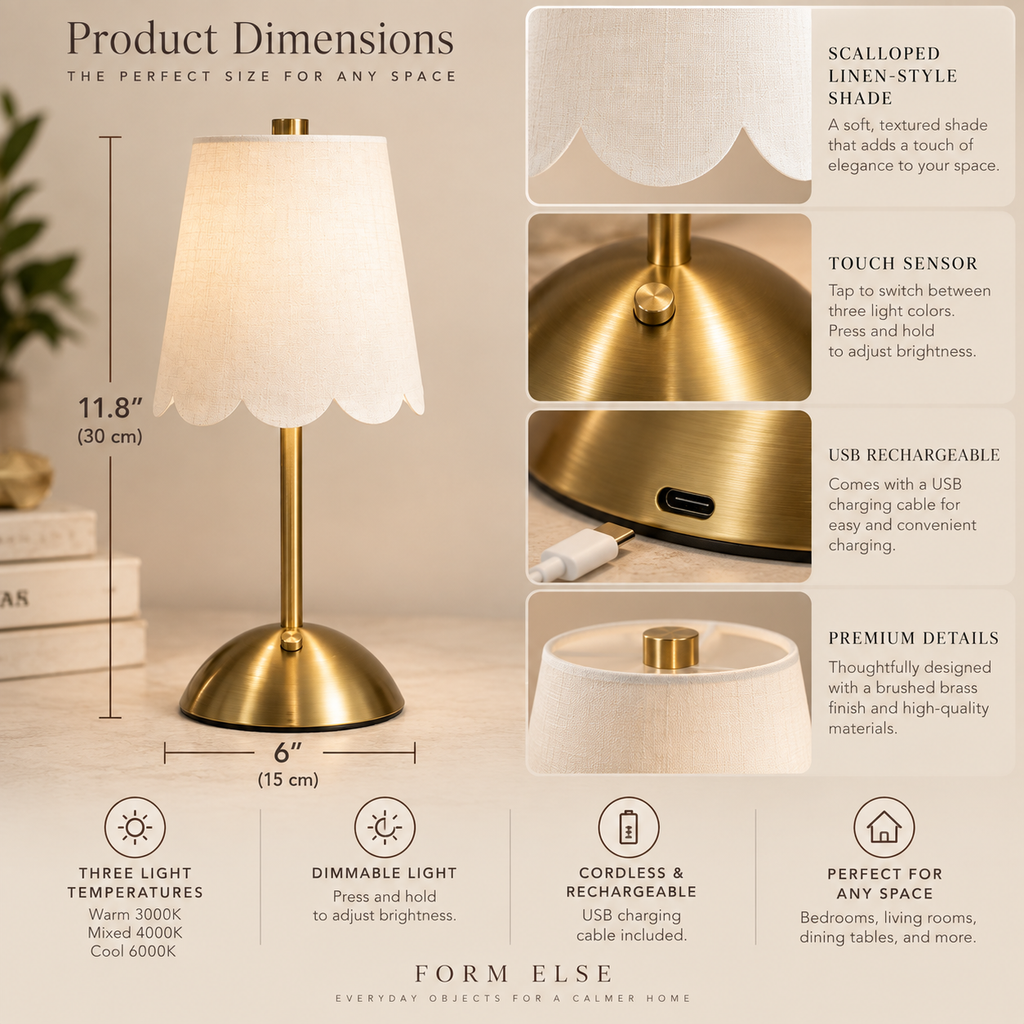 Cordless brass scalloped table lamp dimensions and product details