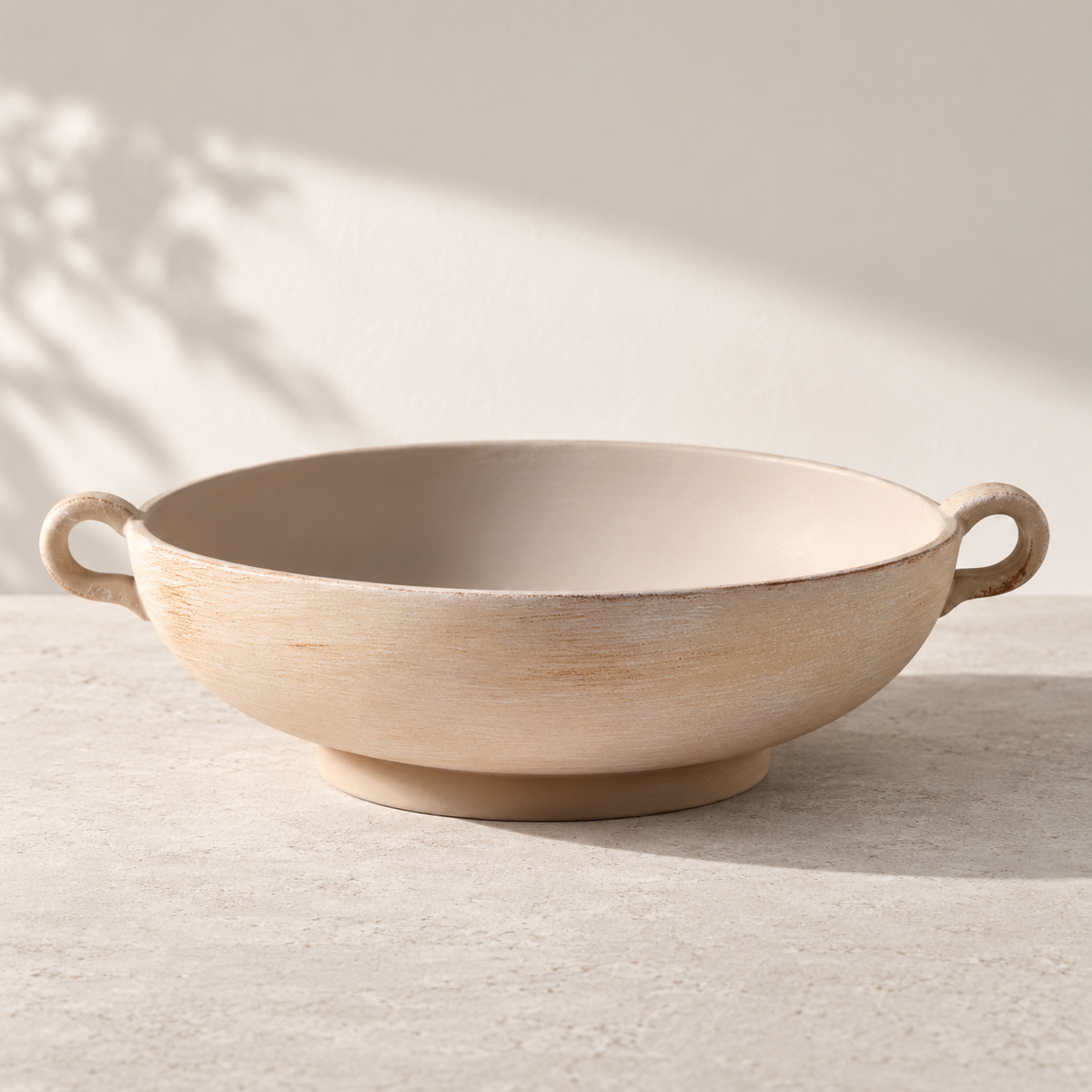 Distressed taupe stoneware decorative bowl with loop handles