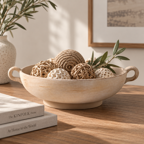 Distressed stoneware bowl styled with woven decorative spheres