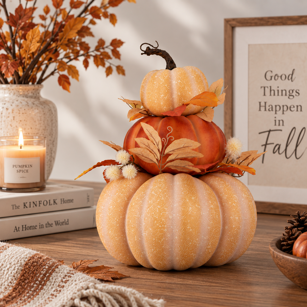 Stacked pumpkin decoration styled for fall