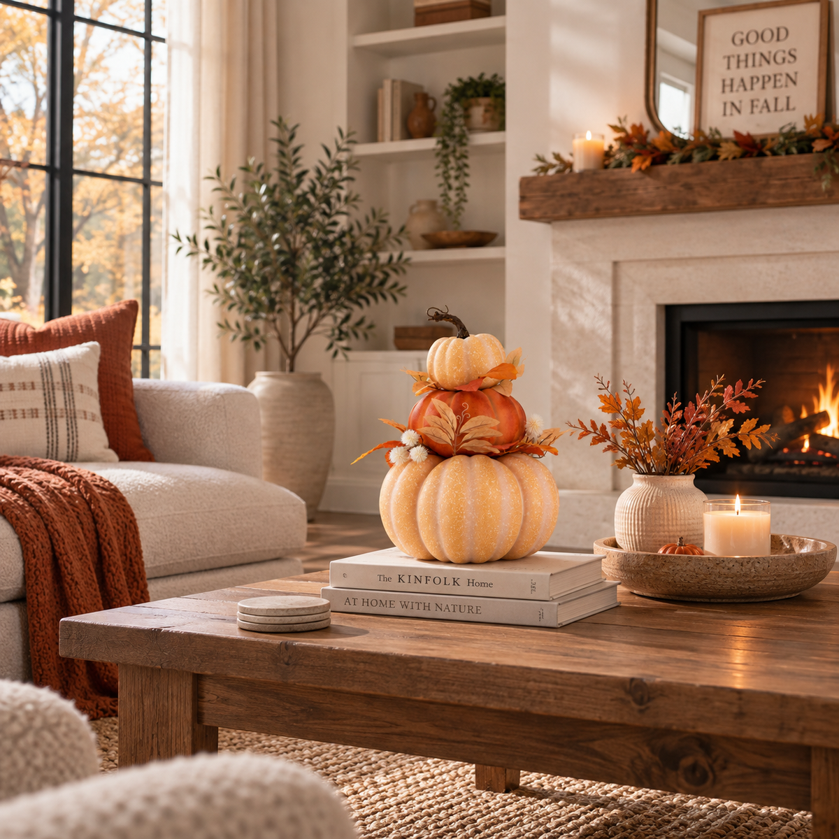 Fall stacked pumpkin decoration in a living room