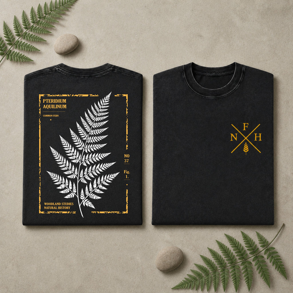 Two folded black T-shirts displayed side by side on a beige surface with decorative fern leaves and stones. The left shirt shows a large white fern leaf graphic framed by distressed yellow text and border details.