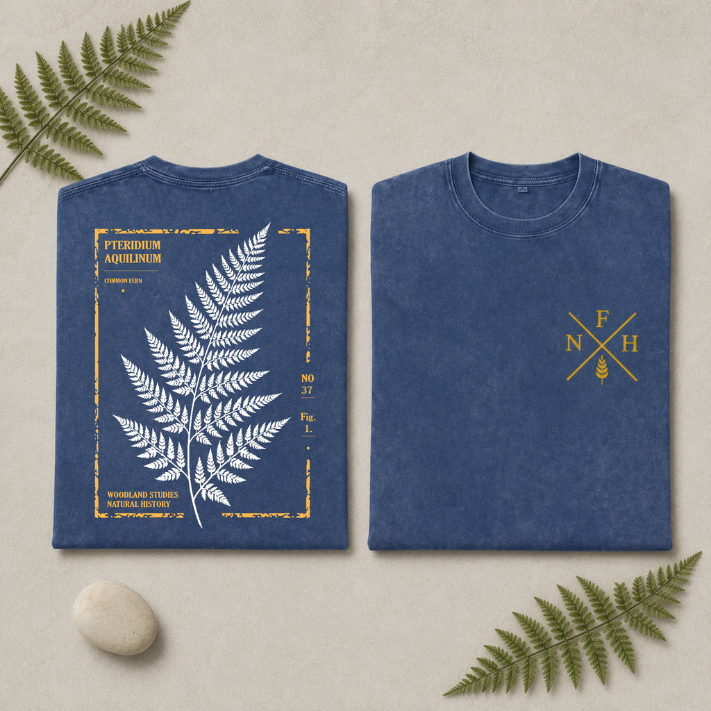 Two views of a blue crewneck t-shirt laid flat on a light beige background with decorative fern leaves and a small stone. The left view shows a large white fern illustration framed by a distressed gold border with text.