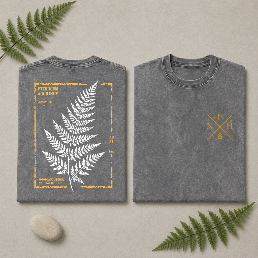 Two views of a gray short-sleeve t-shirt laid flat on a light beige background with decorative fern leaves and a small stone. The back view shows a large white fern leaf inside a distressed yellow rectangular border with text, and the front view shows a small yellow crossed-N symbol on the left chest.