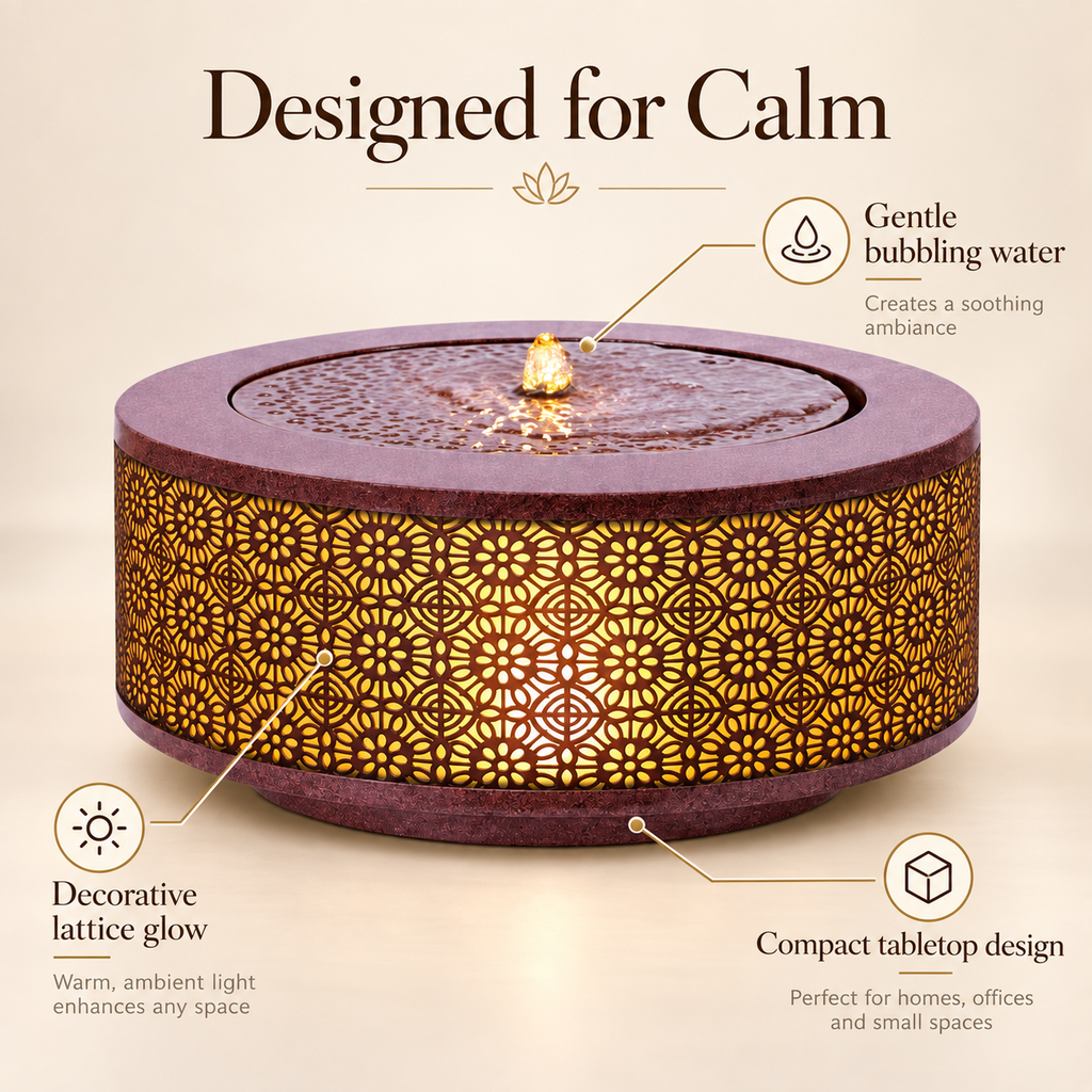 Tabletop fountain feature infographic showing bubbling water, lattice glow, and compact design