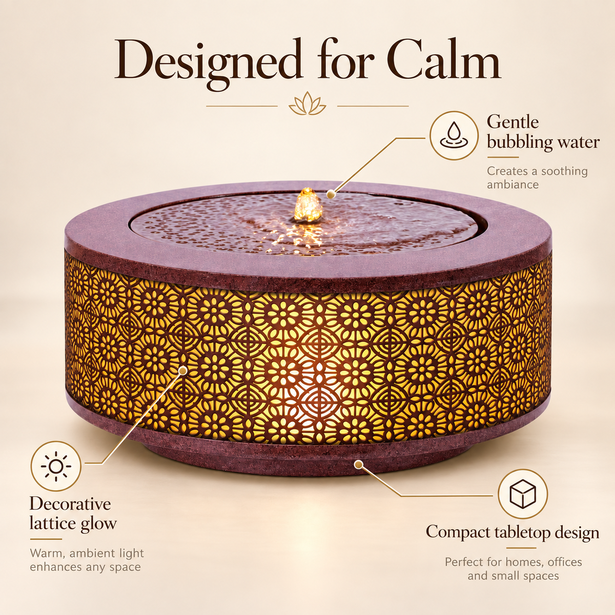 Tabletop fountain feature infographic showing bubbling water, lattice glow, and compact design