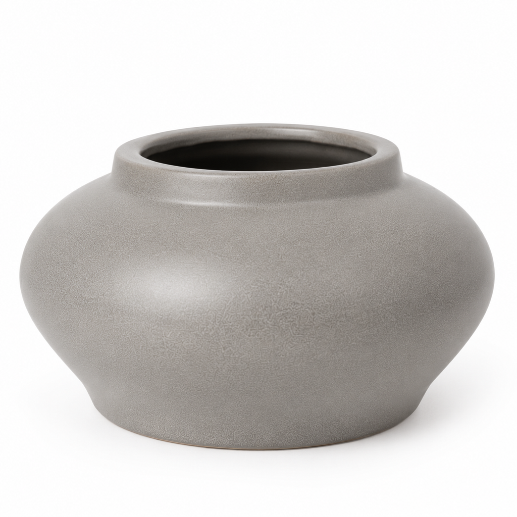 Gray ceramic decorative vase on white background