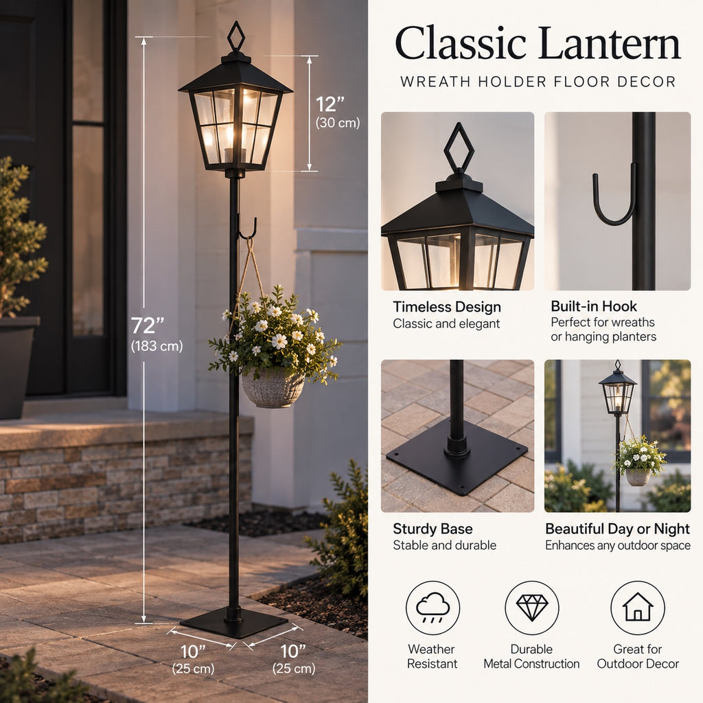 Black lantern post with wreath holder product infographic