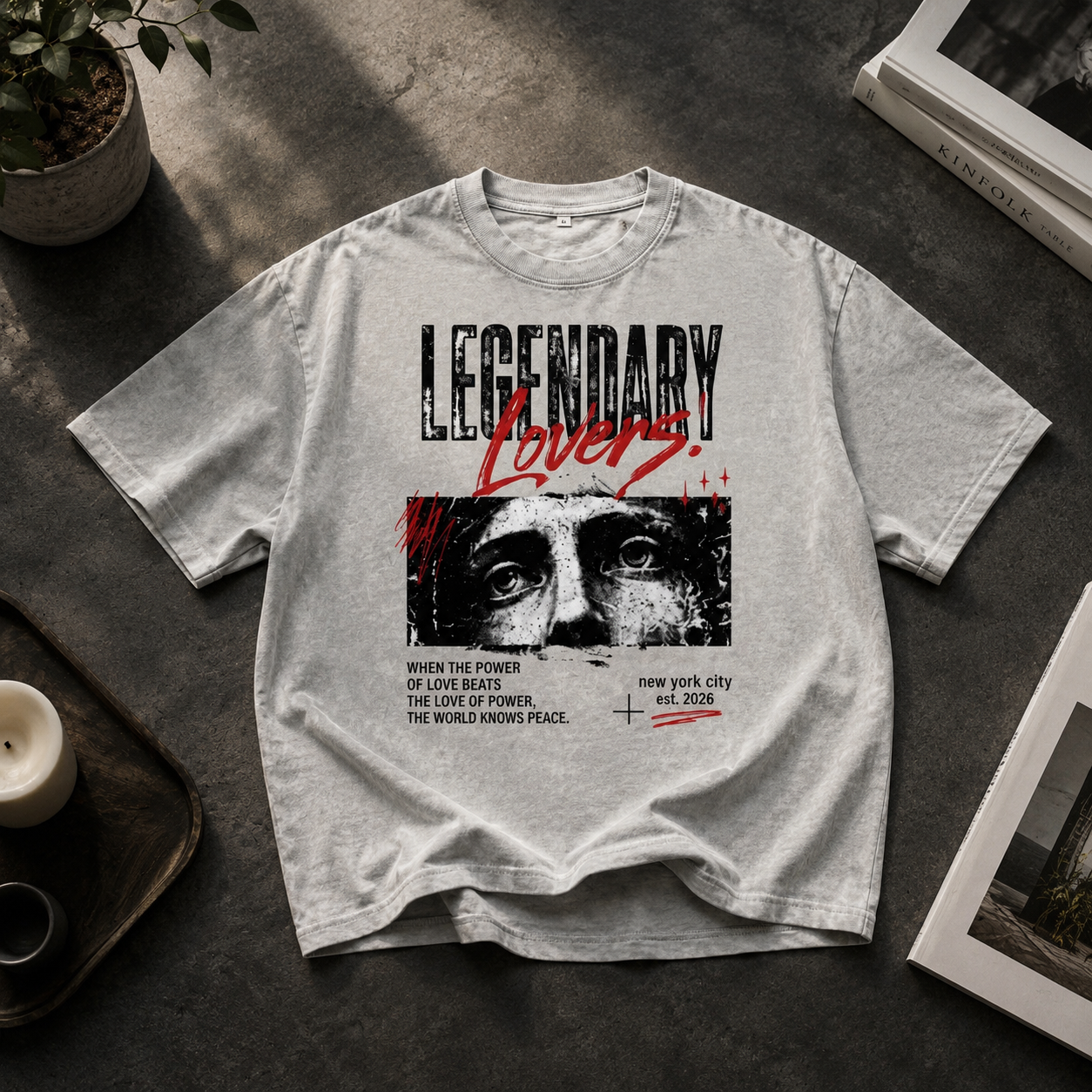 Legendary Lovers oversized graphic tee laid flat on a dark textured surface with natural light.