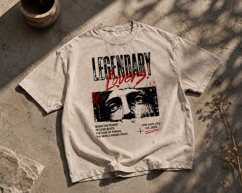 Legendary Lovers oversized washed graphic tee lifestyle mockup with soft natural shadows.