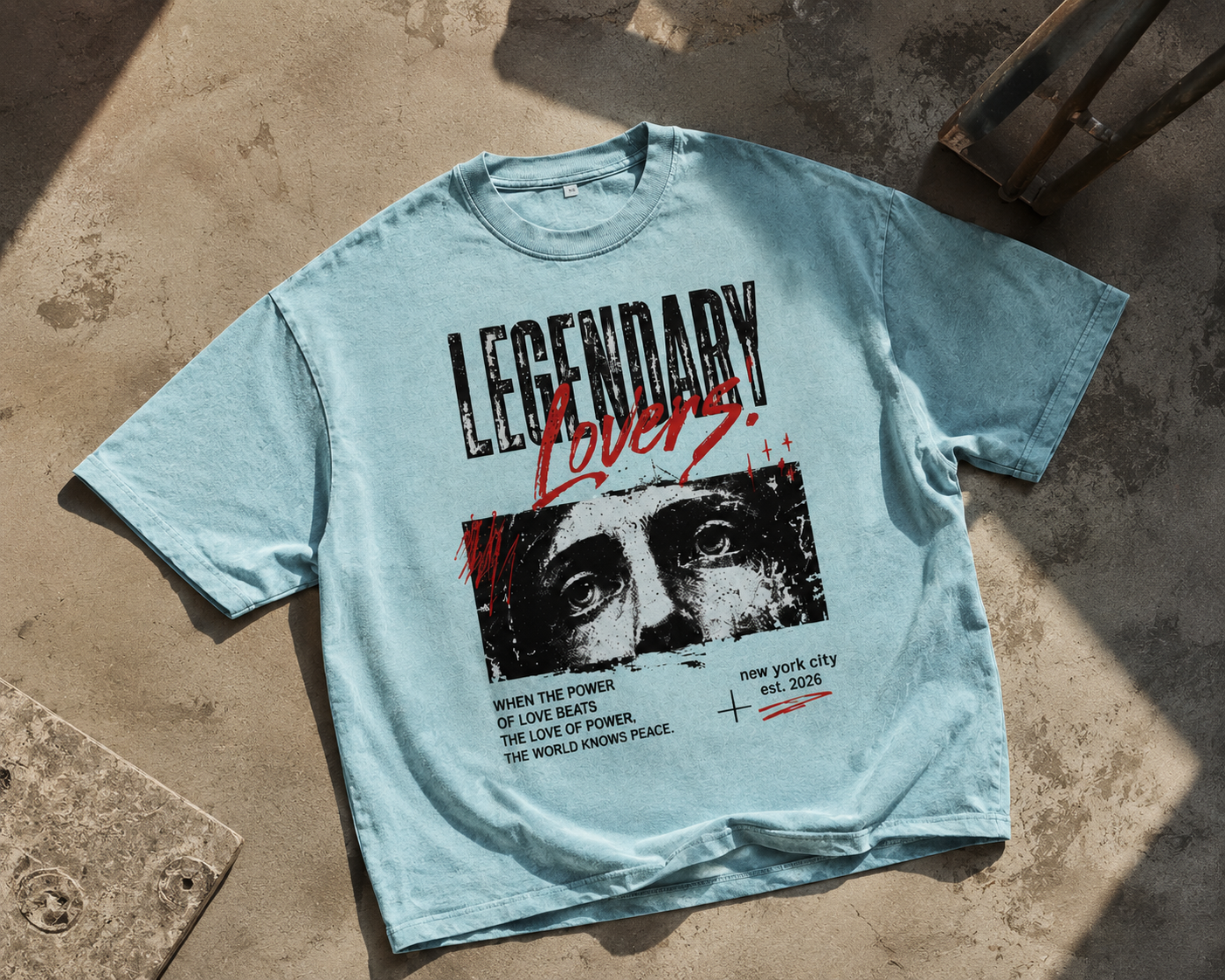 Legendary Lovers oversized water blue graphic t-shirt flat lay with natural light and soft shadows.