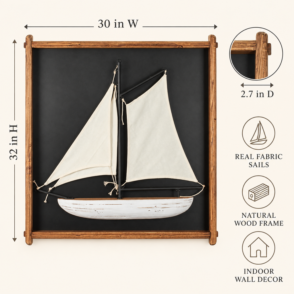 Sailboat wall art dimensions 30 inches wide, 32 inches high, 2.7 inches deep; fabric sails and wood frame