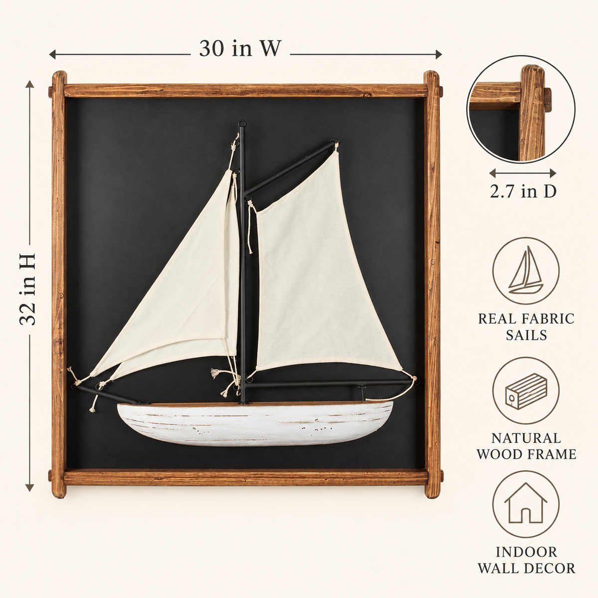 Sailboat wall art dimensions 30 inches wide, 32 inches high, 2.7 inches deep; fabric sails and wood frame