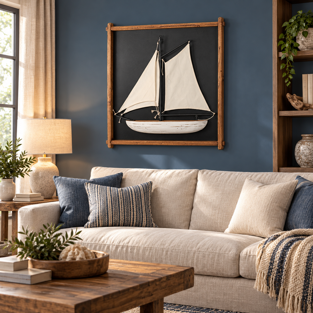 3D sailboat wall art above a cream sofa on a slate blue wall