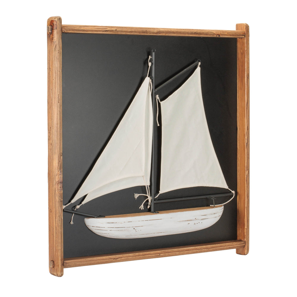 Dimensional fabric sailboat wall art in wood frame, angled view