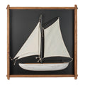 Framed 3D sailboat wall art with white fabric sails and wooden frame, front view