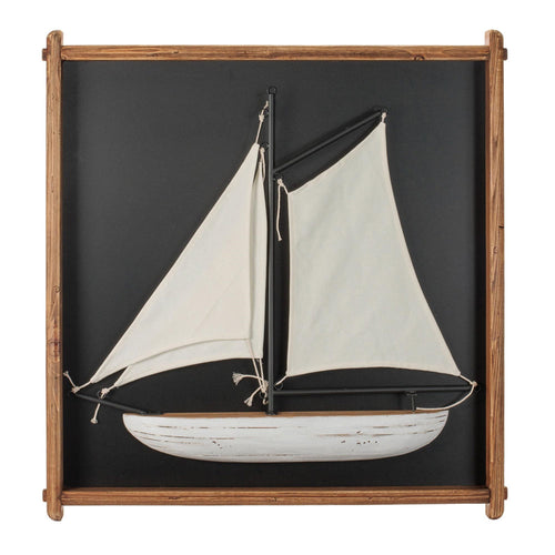 Framed 3D sailboat wall art with white fabric sails and wooden frame, front view