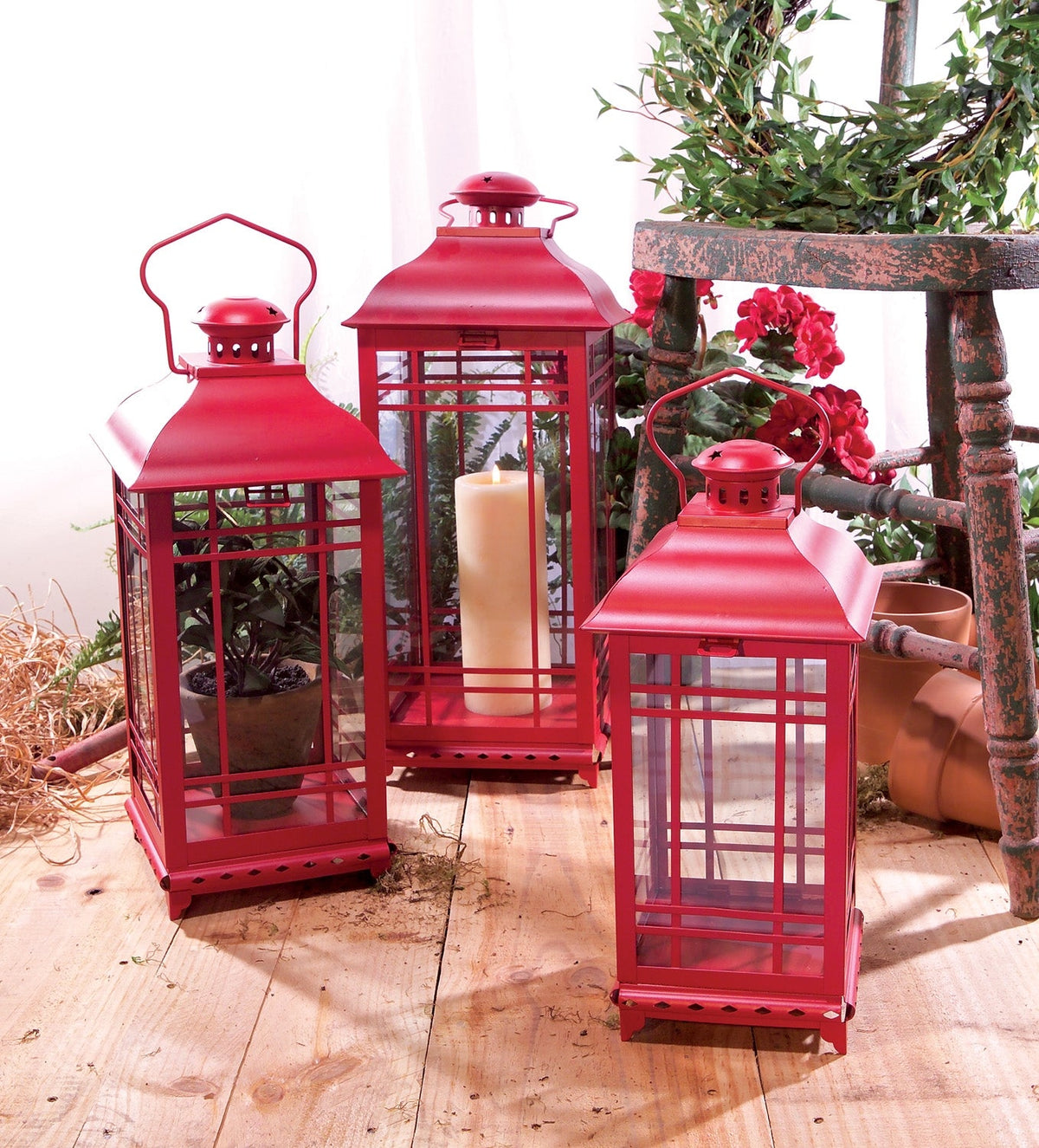 Traditional red metal lantern set of three