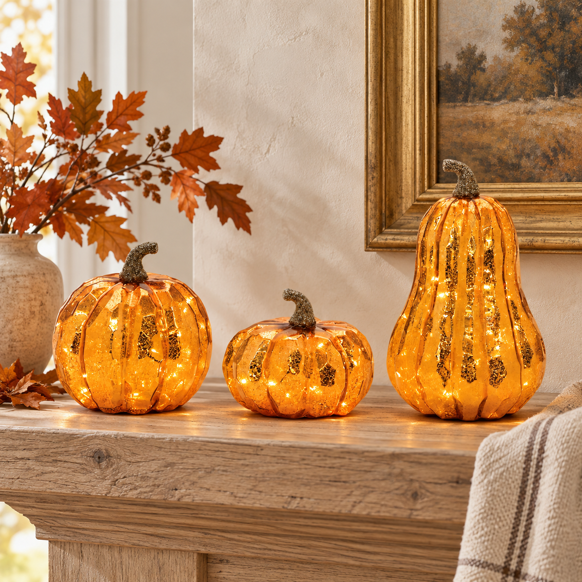Orange LED glass pumpkins on a neutral autumn mantel
