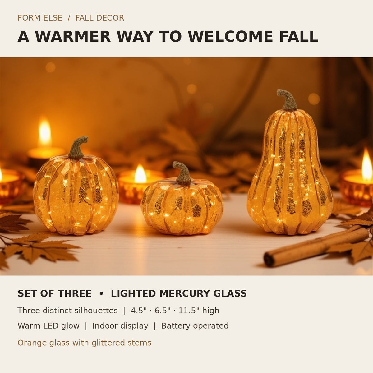 Three orange LED mercury glass pumpkins, heights 4.5, 6.5 and 11.5 inches