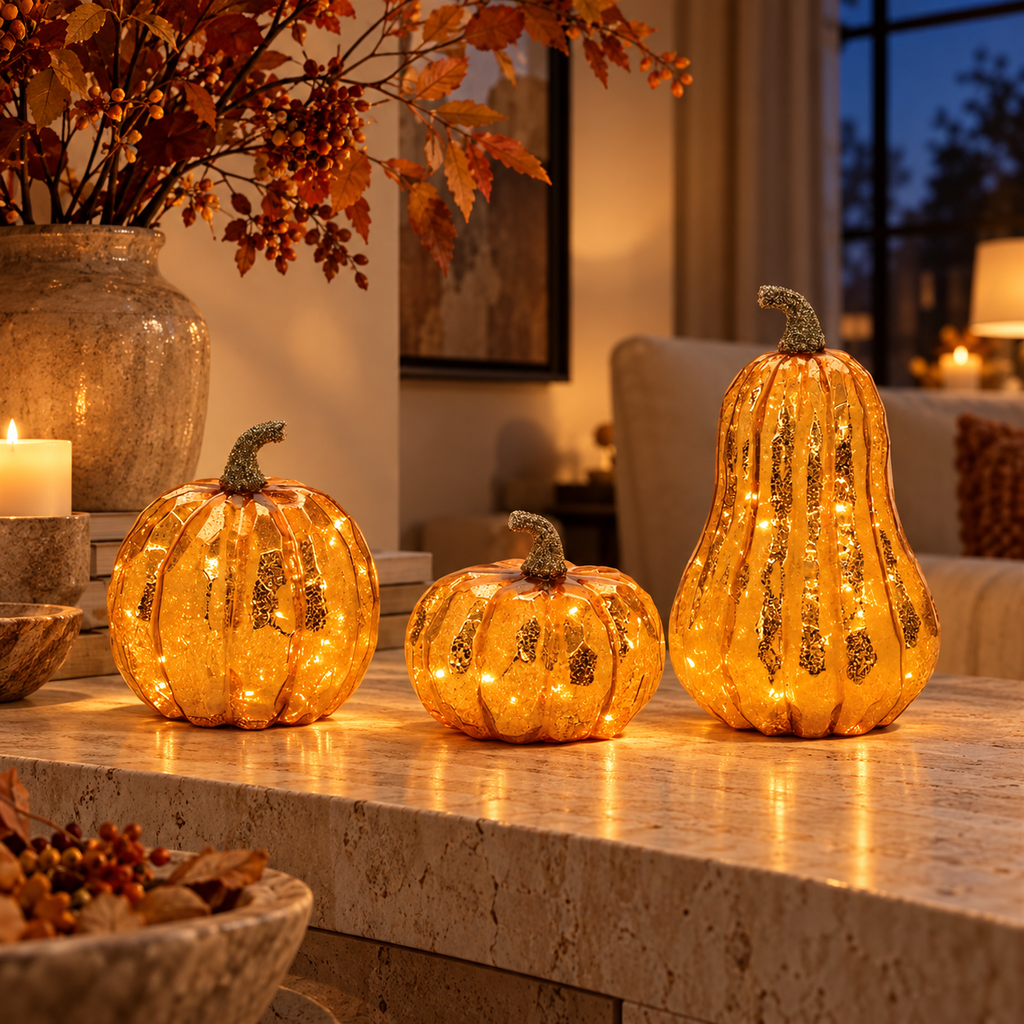 Three glowing orange mercury glass pumpkins on a travertine console in a fall living room