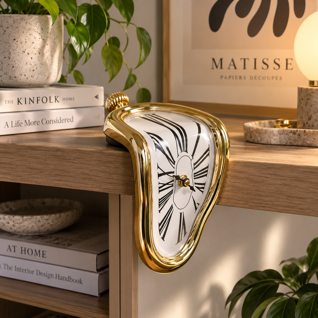 Gold melting clock styled on a modern wooden shelf