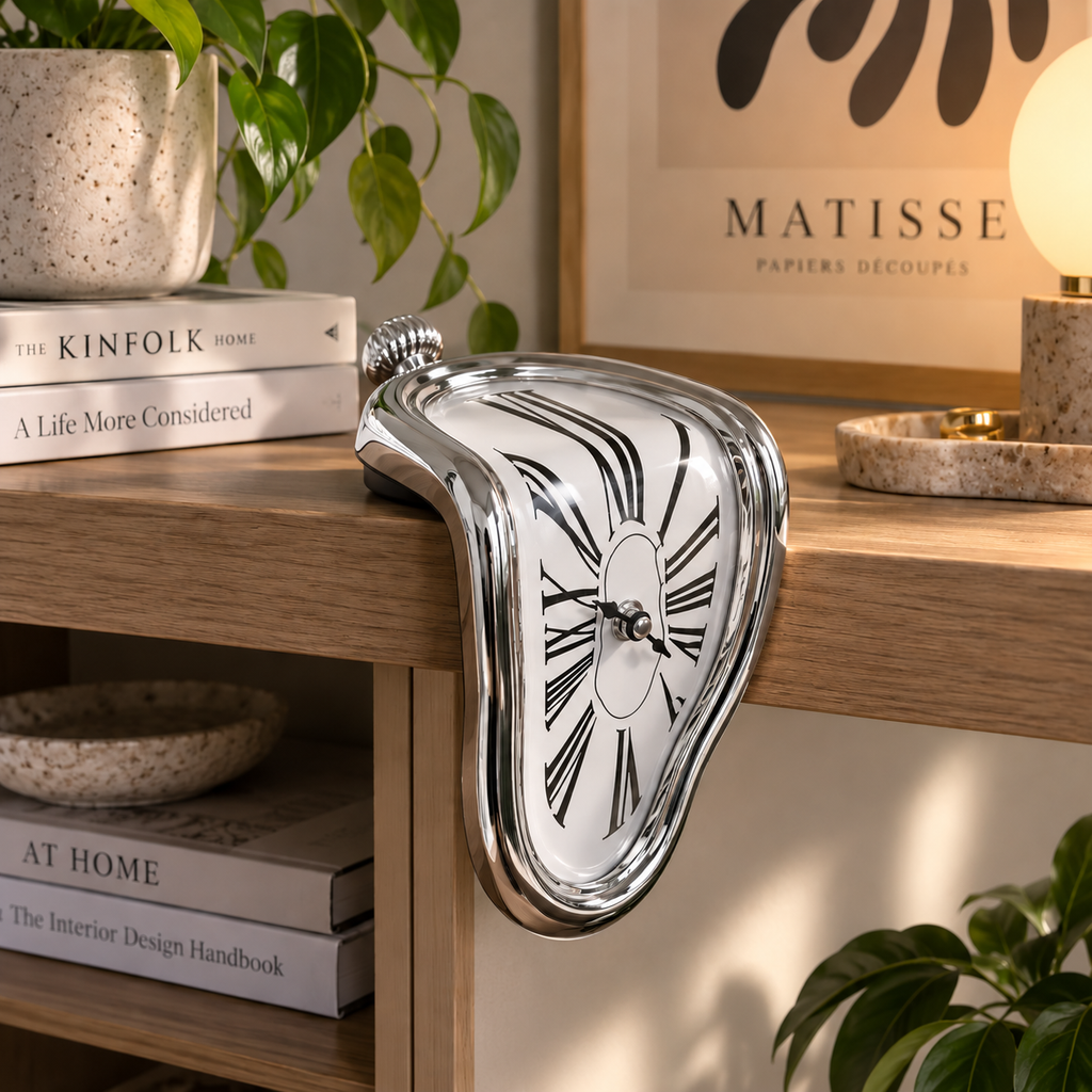 Silver melting clock styled on a modern wooden shelf