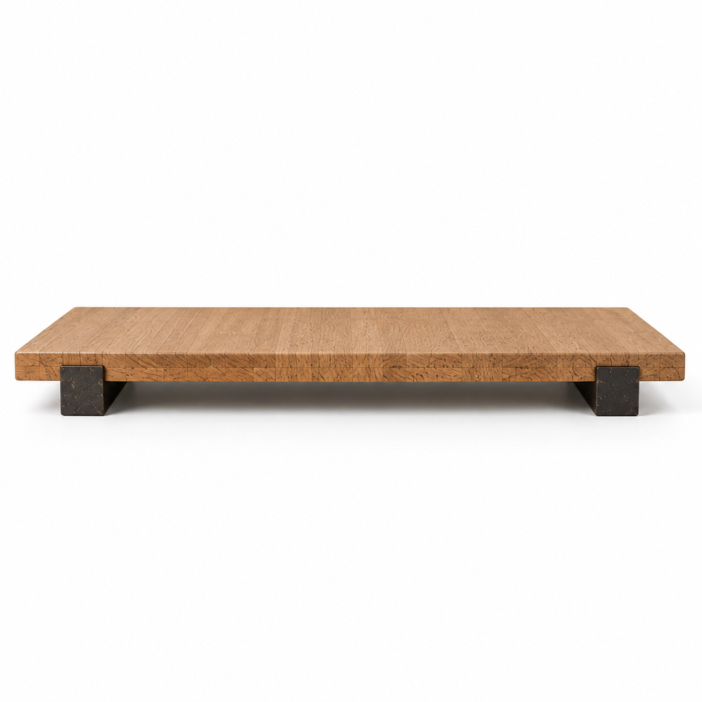 Side view of natural wood decorative riser and dark block feet