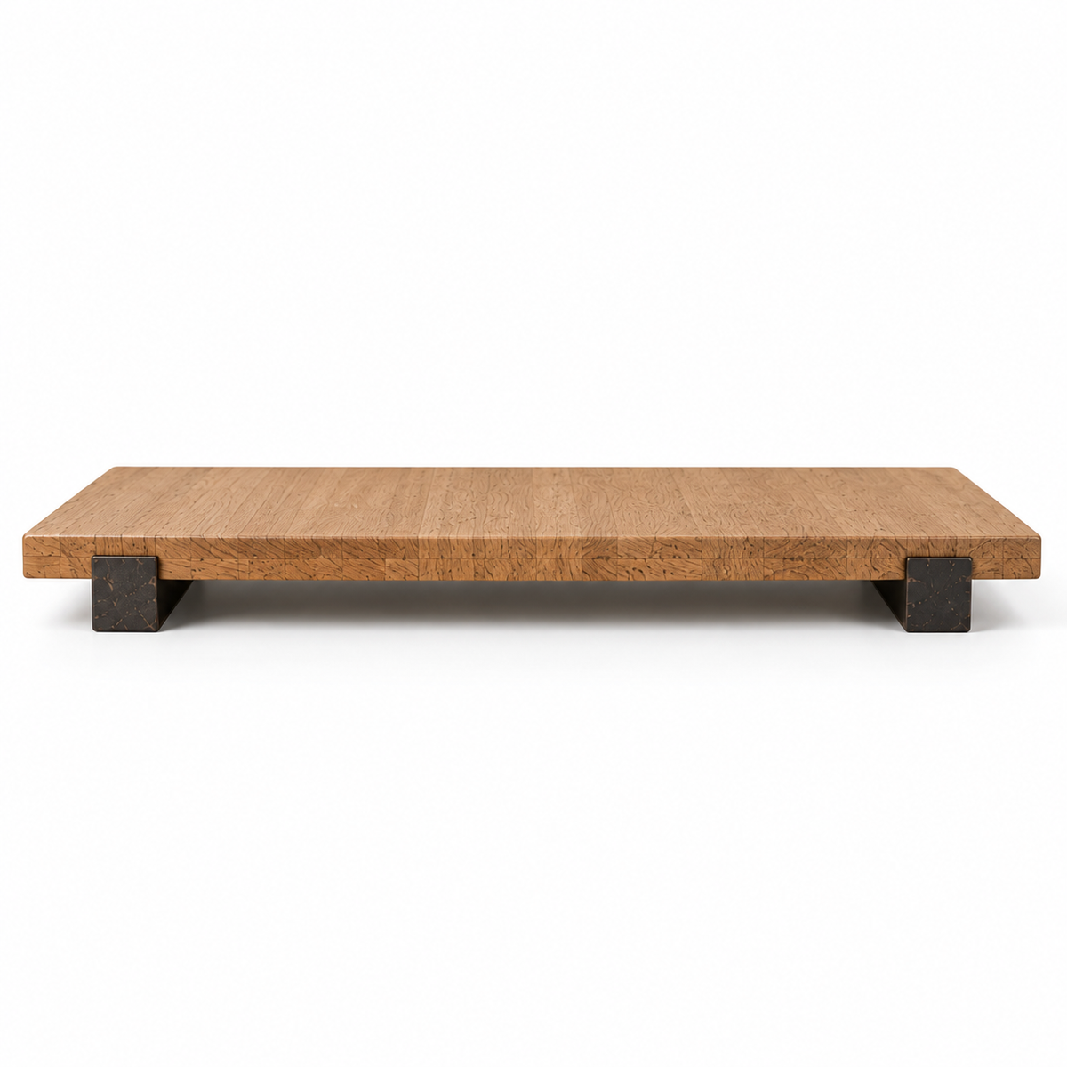 Side view of natural wood decorative riser and dark block feet