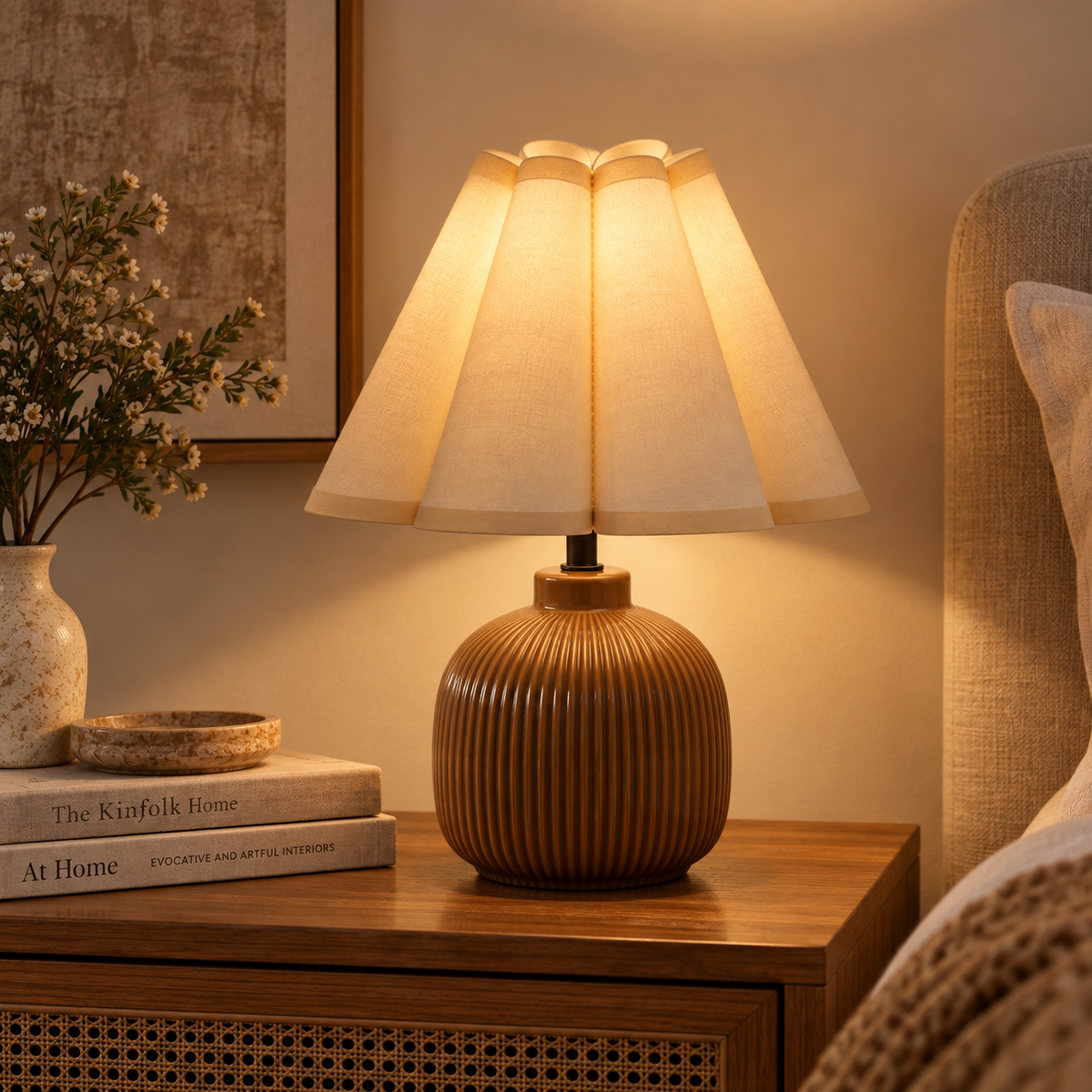 Scalloped ceramic accent lamp illuminated in a warm evening interior