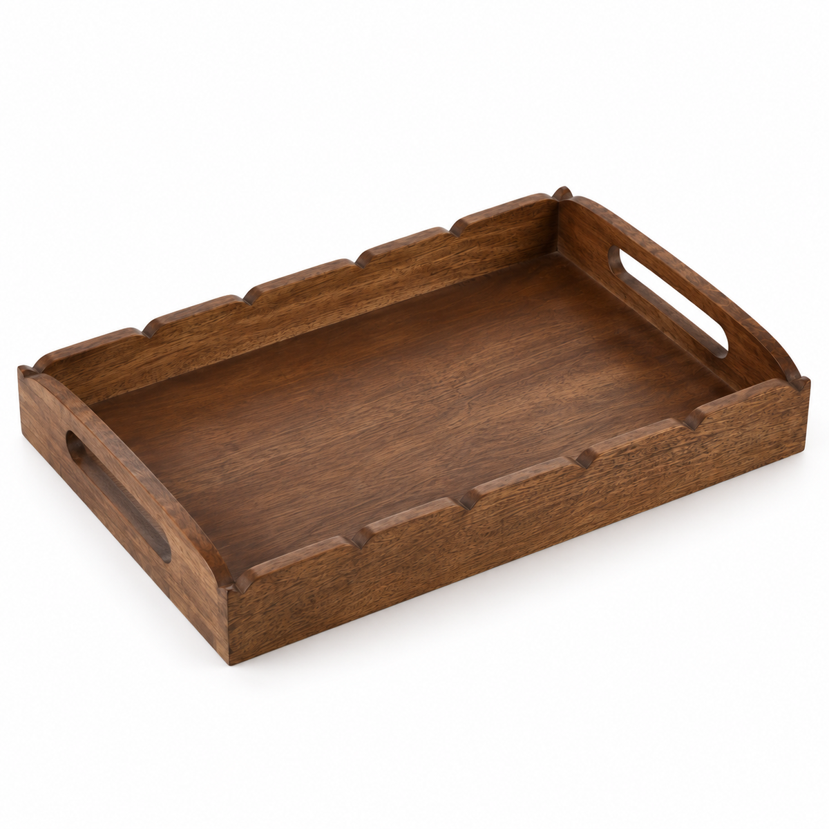 Three-quarter view of dark wood scalloped tray and cutout handles