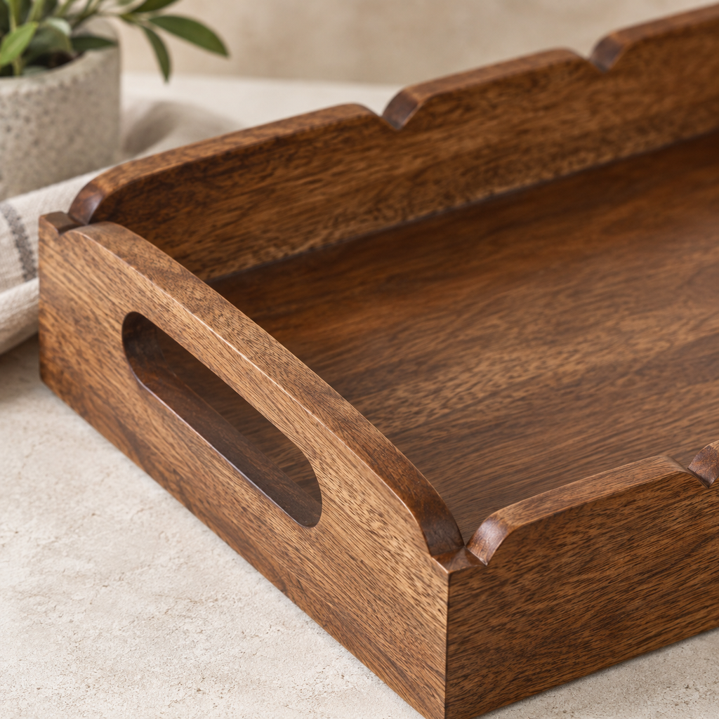 Close-up of dark wood grain, scalloped edge and cutout handle