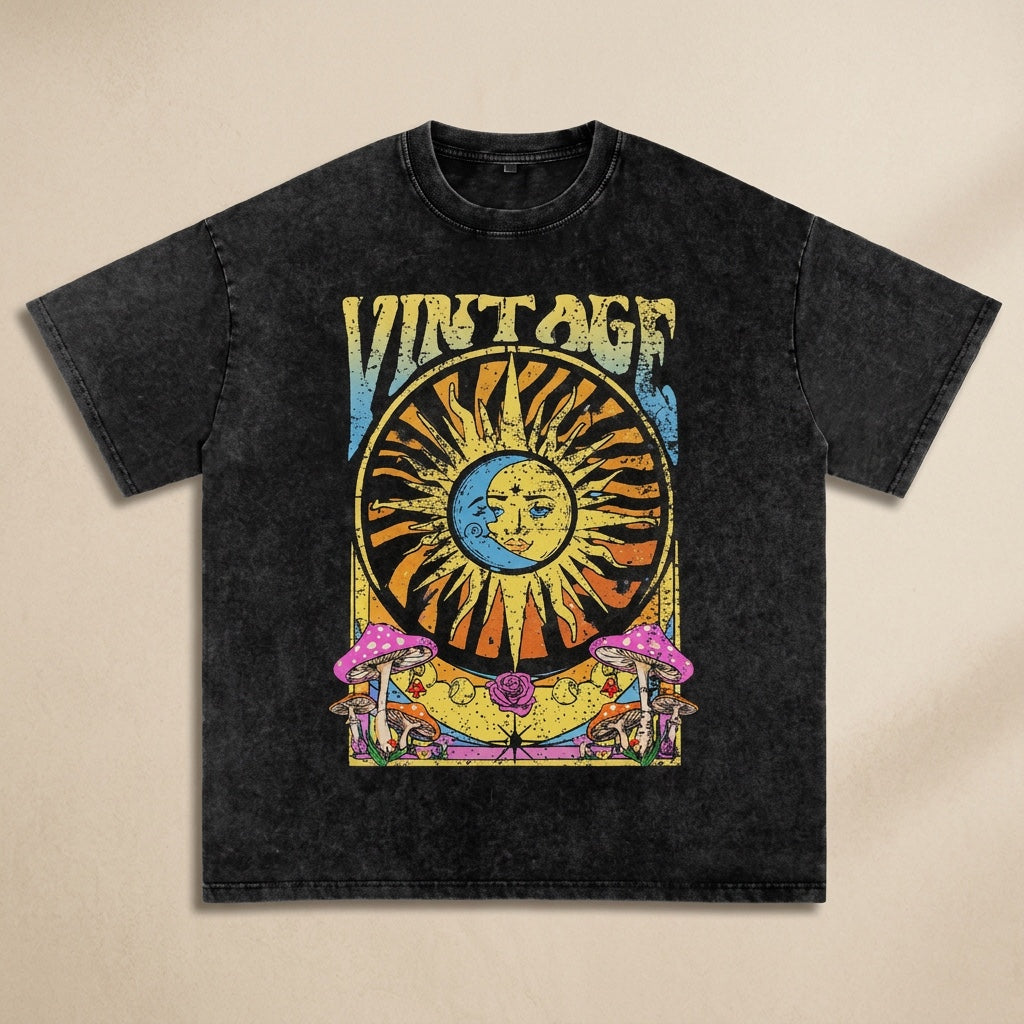 Pirate gray vintage washed oversized t-shirt with celestial sun and moon graphic